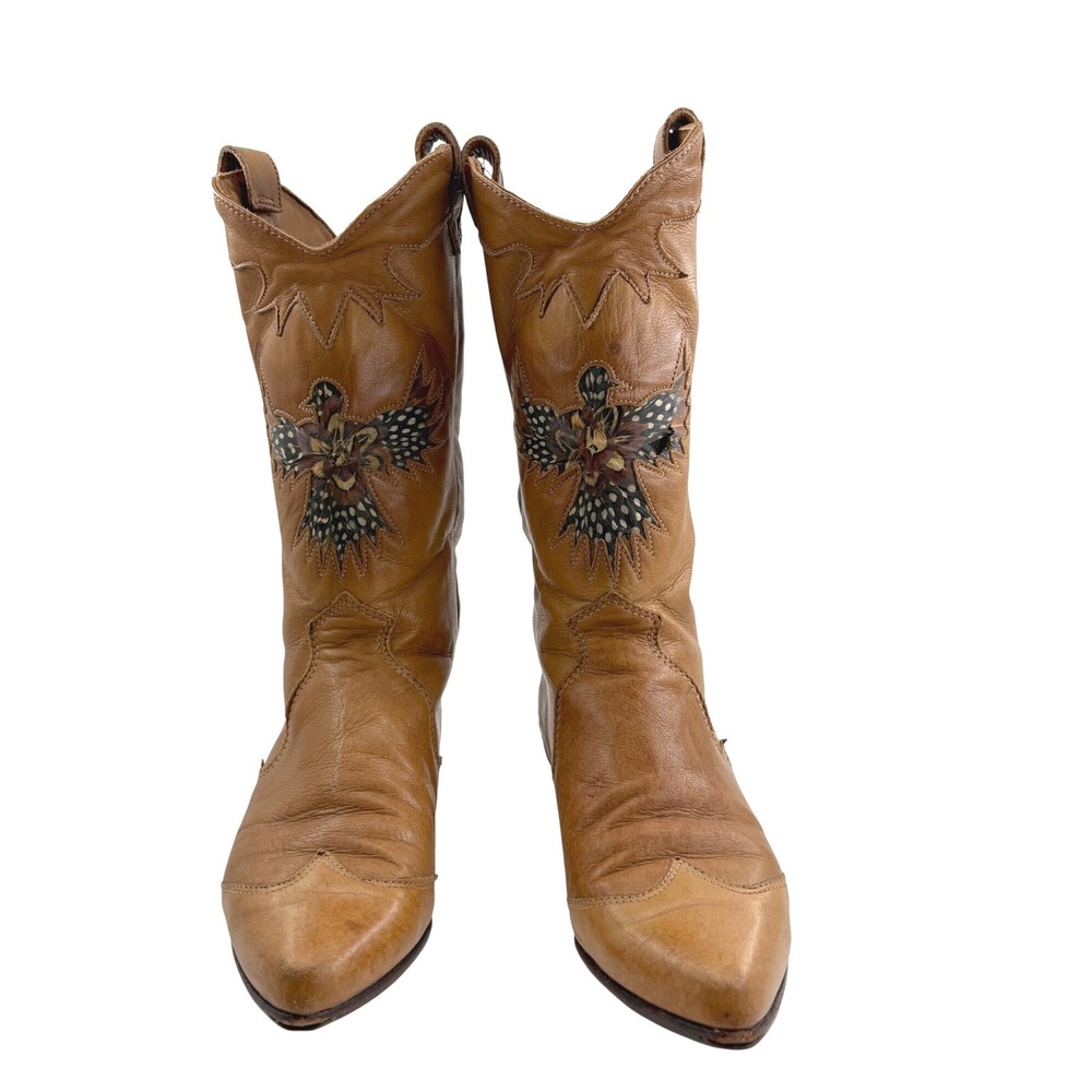 VTG 70s Zodiac USA Phoenix Boots 6 M Guinea Feather Inlay Western Boho Paisley